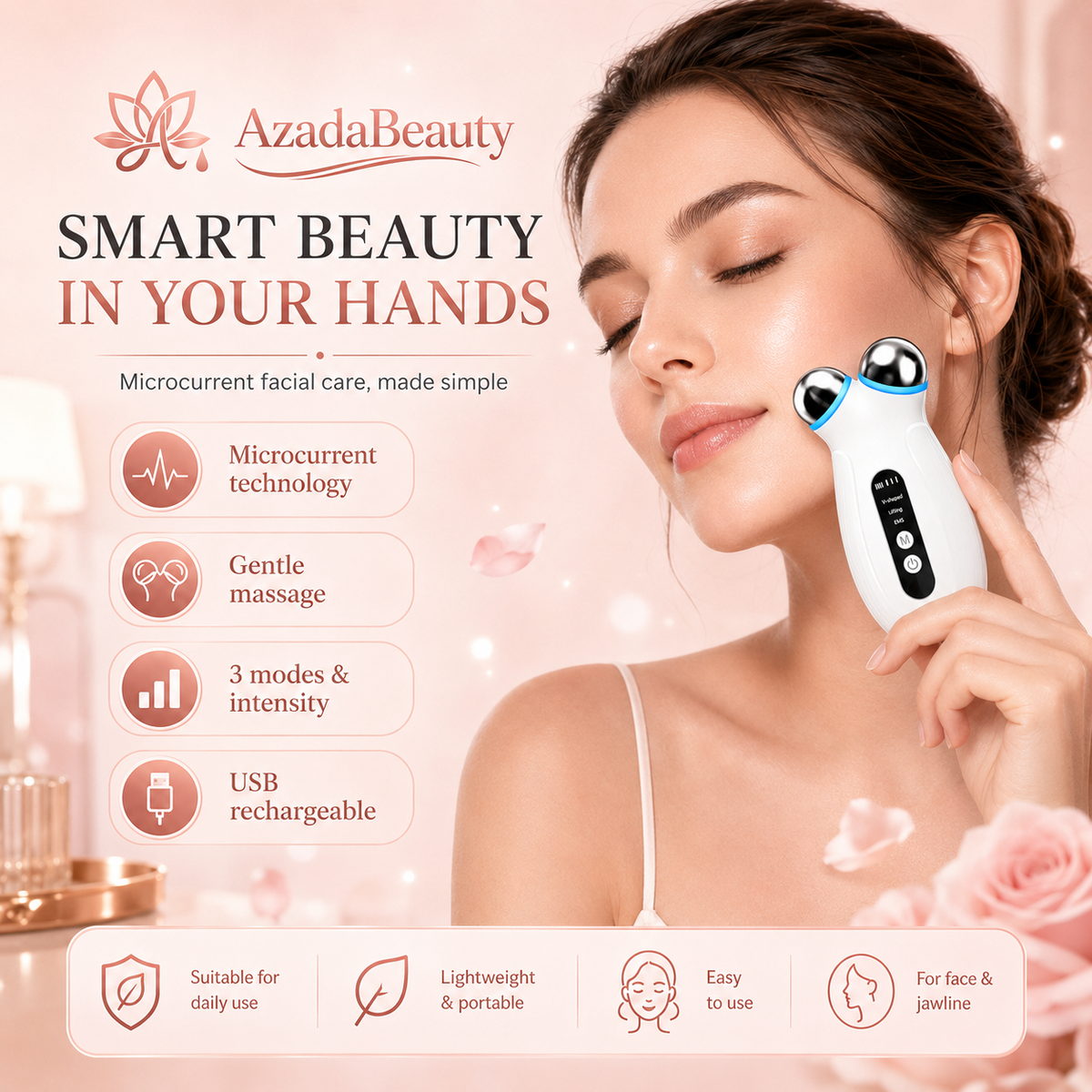 Woman using the Azada Beauty microcurrent facial sculpting device along her jawline