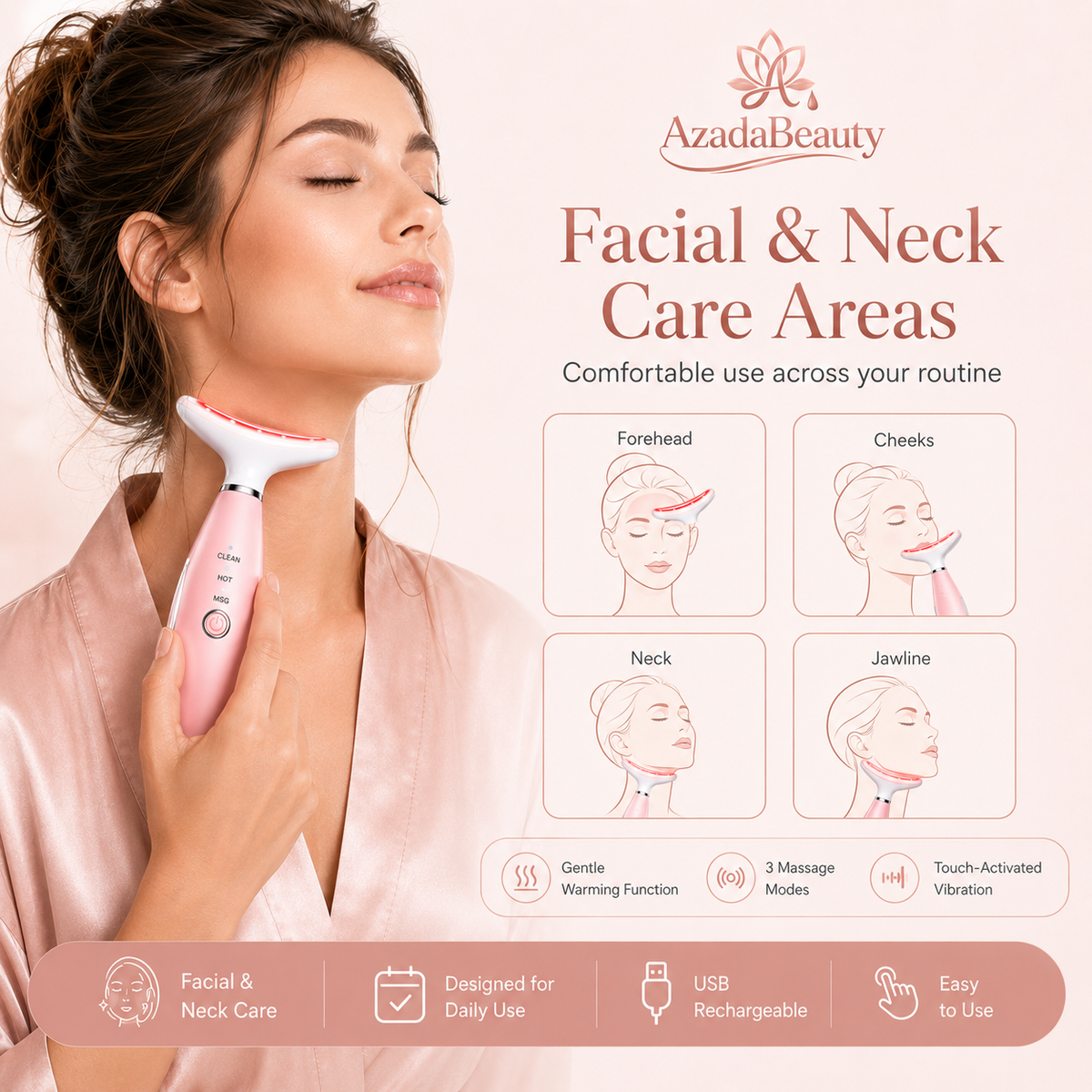 Illustration showing forehead cheeks jawline and neck areas for massager use