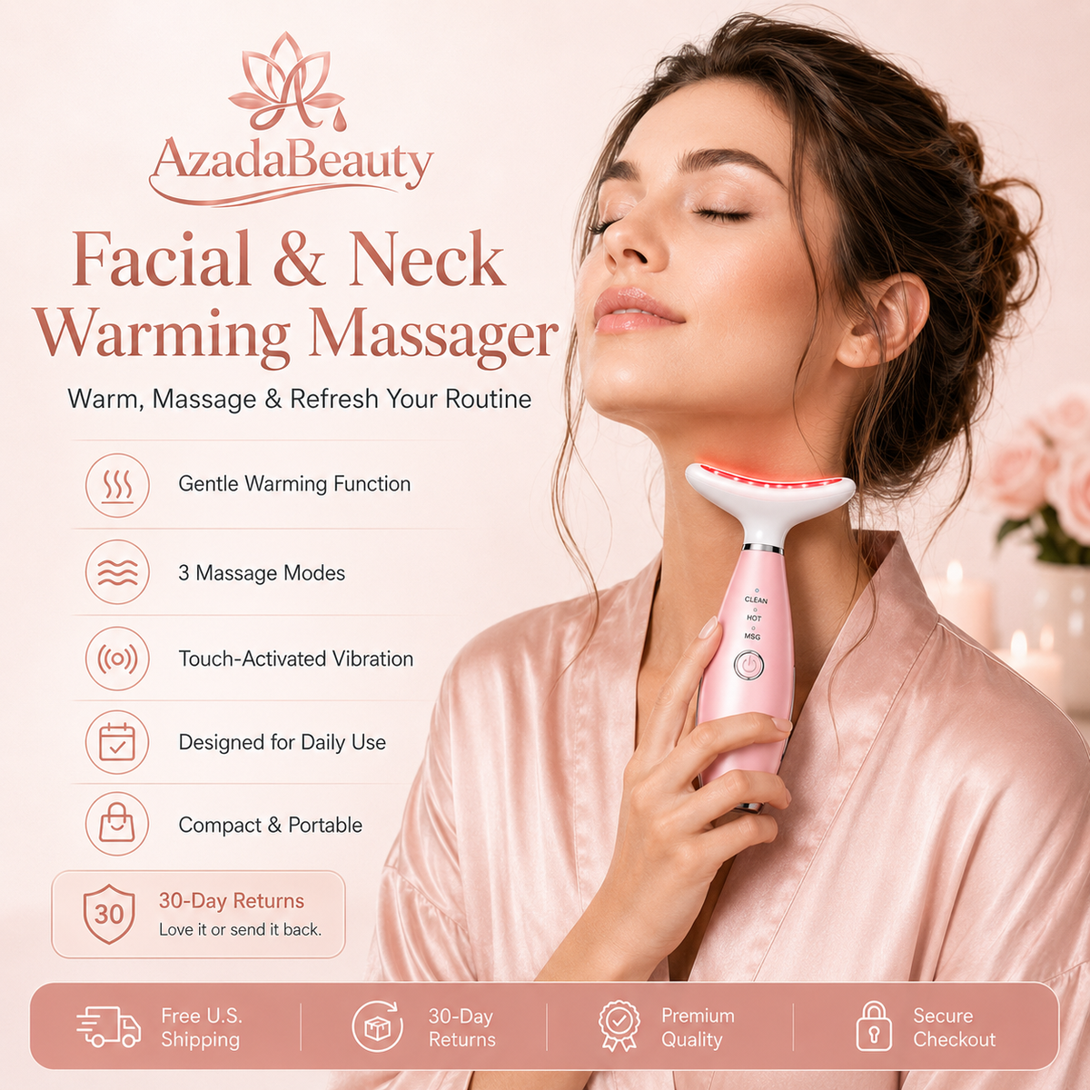 Face and neck massager with gentle heat vibration and three massage modes