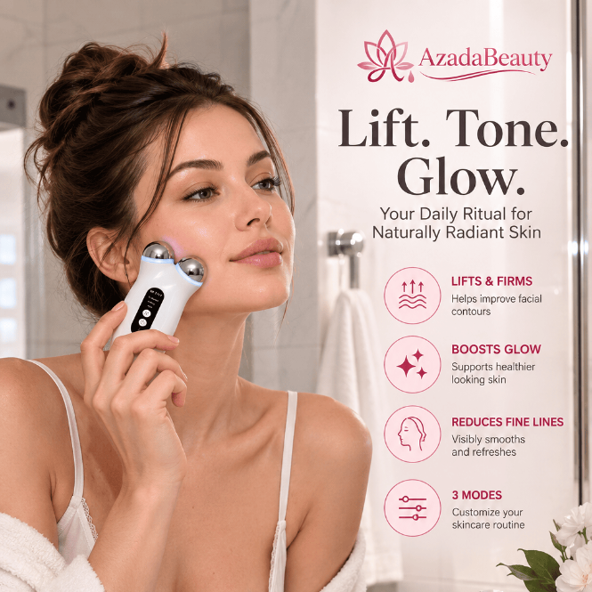 azada microcurrent facial sculpting device with dual massage heads used on the face
