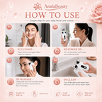 microcurrent facial sculpting device how to use guide showing cleansing, massage, and cleaning steps