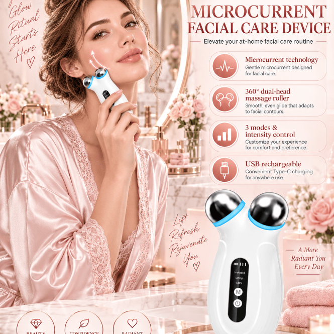 microcurrent facial sculpting device shown beside a woman using it on her cheek in a bathroom setting