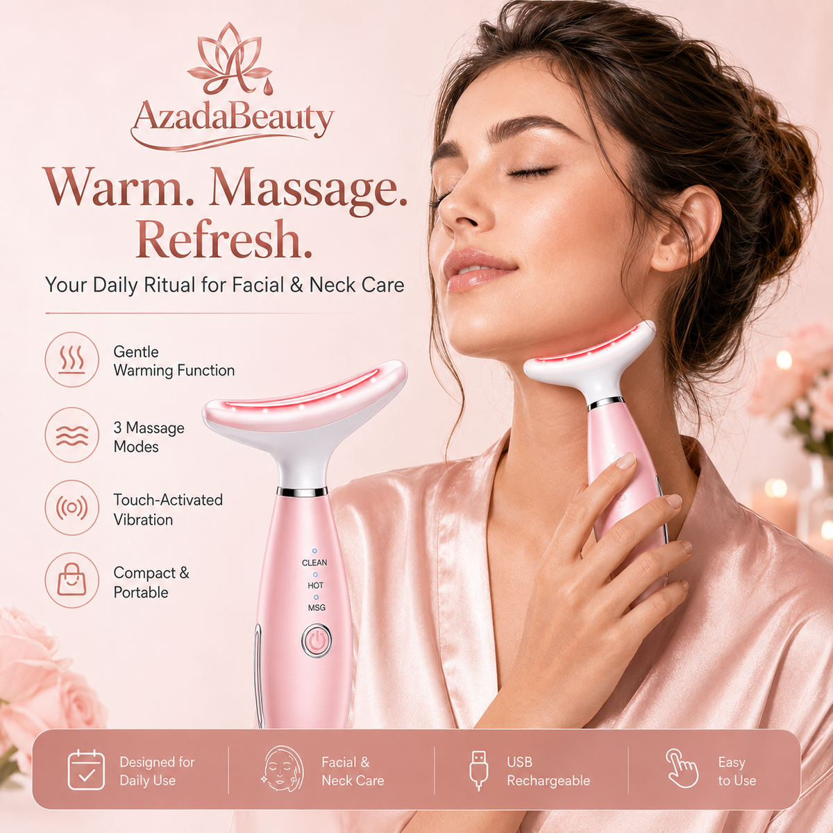 Woman using the warming face and neck massager during her self-care routine