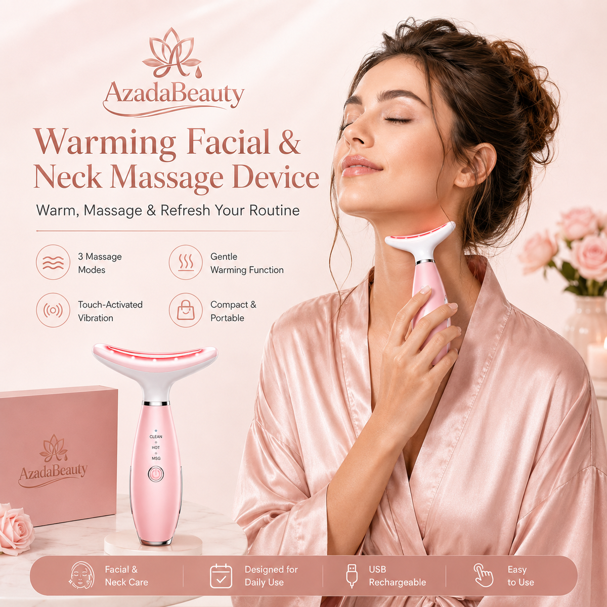 Woman using the pink Azada Beauty massager along her neck